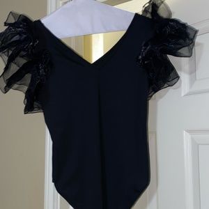 BLACK ORGANZA SLEEVE RIB KNITTED BODYSUIT